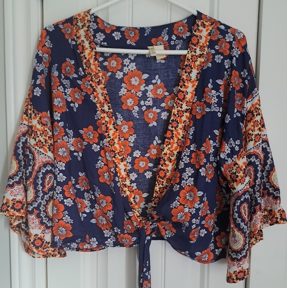JAPNA bohemian floral flowly orange blues shrug tie shirt top M - Picture 10 of 11